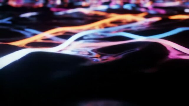 Mesmerizing, high-gloss liquid metallic surface with blue, purple, orange, red neon light streams flowing and morphing. Shallow depth of field eye-level tracking video. Hypnotic sci-fi concept