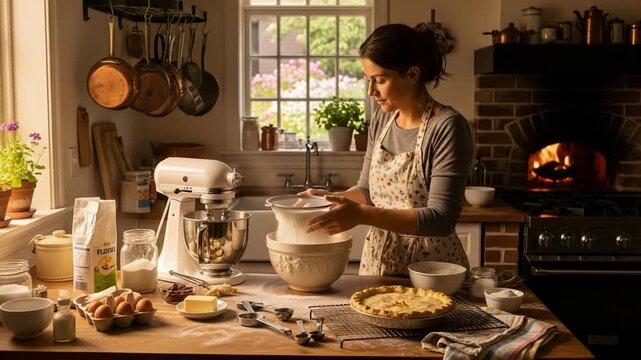 A woman sifts flour into a bowl in a kitchen, a pie sits on the counter