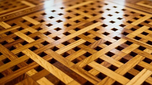 Medium shot capturing lattice geometric inlay floor with interwoven linear motifs emphasizing texture and precision woodworking.