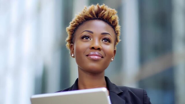 Ambitious Businesswoman in Urban Landscape: A confident businesswoman looks up with optimism and holds a tablet. The shot is set against the backdrop of an urban building.