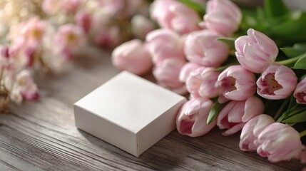 Elegant gift box with pink tulips on wooden table, soft bokeh lights, spring holiday mood aesthetic