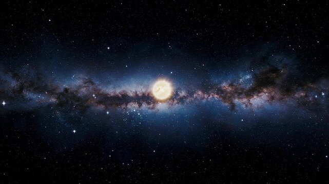 Bright stellar object at the galaxy center, surrounded by stars and a luminous band