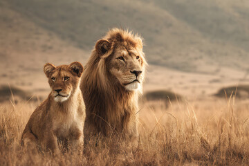 Obraz premium Majestic lion and lion cub in golden grassland during sunset in the African savanna