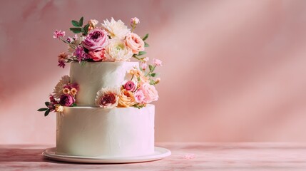 Elegant two-tiered white wedding cake decorated with pink roses and floral accents on a soft pink background