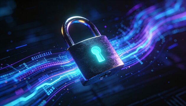 Cloud data protection concept with glowing padlock and secure data streams, encryption, privacy and modern cybersecurity in cloud services illustration