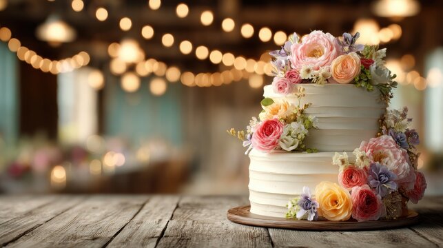 Elegant two tiered wedding cake decorated with colorful roses and pastel flowers in a rustic setting