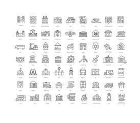 City Infrastructure Line Icons Set. Urban Buildings, Transport and Public Places Outline Symbols