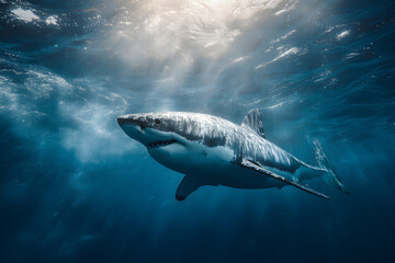 Obraz premium Great white shark swimming gracefully in clear blue ocean waters