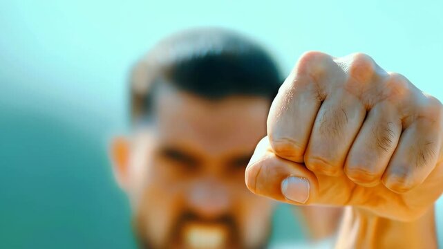 Aggression Unleashed: A tightly clenched fist, a symbol of rage and frustration, is thrust forward, expressing an intense emotional state.