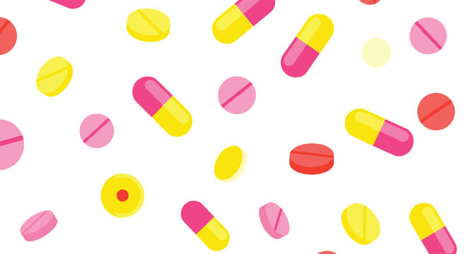Seamless scattered pattern of yellow, pink, and red pharmaceutical pills and capsules on a white surface.