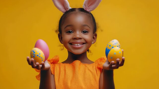 Happy african american girl with bunny ears holding colorful easter eggs, smiling and celebrating the spring holiday on a vibrant yellow studio background