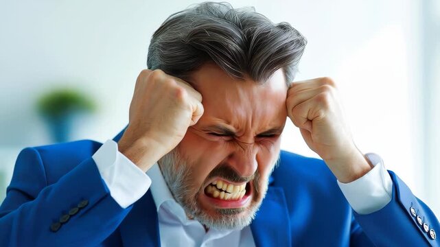 Stressful Moment: A man, weathered by the pressures of the modern world, clasps his head in frustration, embodying the intense strain of a challenging situation.