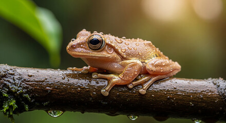 Fototapeta premium Macro photo of a frog clinging to wet leaves and twigs.