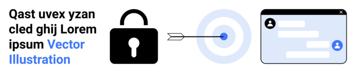 Fototapeta premium Cybersecurity, online privacy, data security, targeted marketing, digital communication, safe browsing. A lock, an arrow striking a target and a user interface panel. Cybersecurity and online