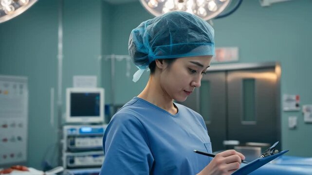 Focused Surgeon in Operating Room: A concentrated surgeon meticulously reviews documents in a sterile operating room, her dedication to her practice and the well-being of the patient is evident.