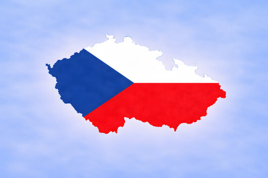 Czech Republic map silhouette filled with national flag against blue sky background