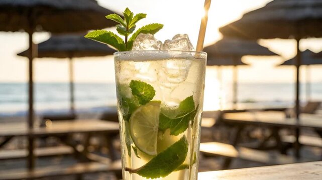 Refreshing mojito cocktail with mint and lime on a sunny beach at sunset