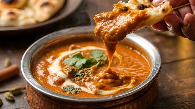Delicious butter chicken with naan bread being dipped into the creamy sauce