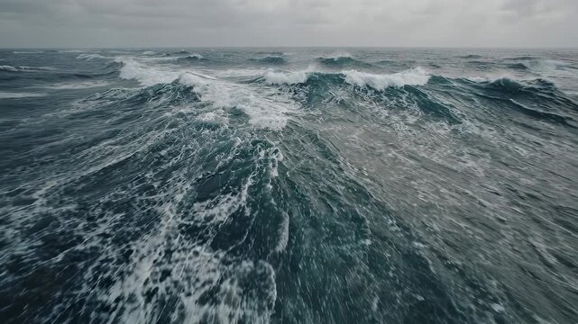 Stormy sea with large waves under a cloudy sky. The ocean is rough and turbulent