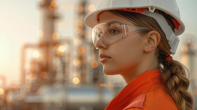 Future Engineer's Vision: An focused young engineer, wearing essential safety gear, gazes confidently towards an industrial landscape, embodying ambition and expertise.