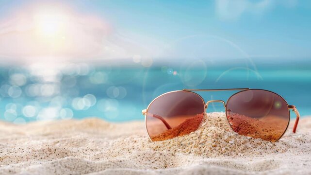 Summer Serenity: A pair of sunglasses rests on the sun-kissed sands of a beach, reflecting the azure ocean under the bright sunlight of a clear day.