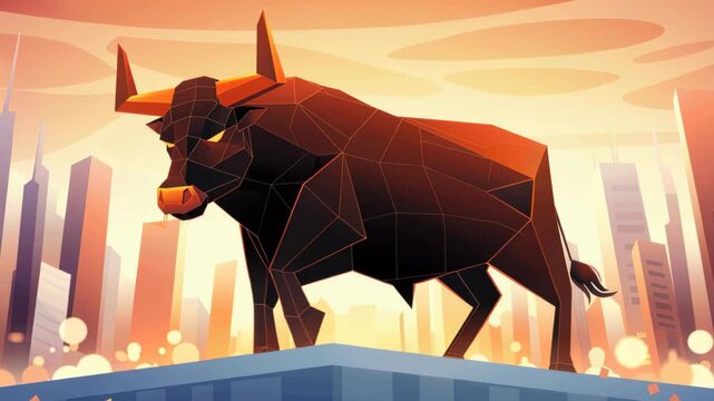 Monumental Bull in Urban Landscape: A stylized depiction of a powerful bull statue, standing boldly against a backdrop of a vibrant cityscape at dawn, symbolizing strength and financial resilience.