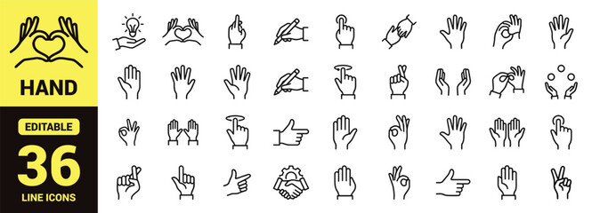 Naklejka premium Hand gesture and communication icon set with expressive finger signs, idea gestures, handshake, writing hand, pointing actions, OK sign, clapping, and essential hand gesture ranking symbols