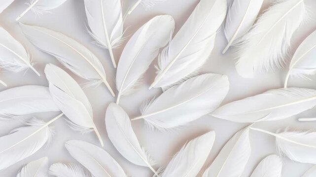 Feather Fantasy: A delicate array of pristine white feathers, softly arranged creating a serene and ethereal display, evoking a sense of lightness and purity.