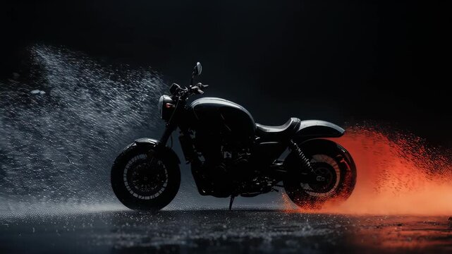 A silhouetted motorcycle against a dark backdrop with water-like effects