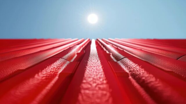 Crimson Roofscape Under the Sun's Gaze: A close-up perspective of a vibrant, crimson roof stretches towards the sun.