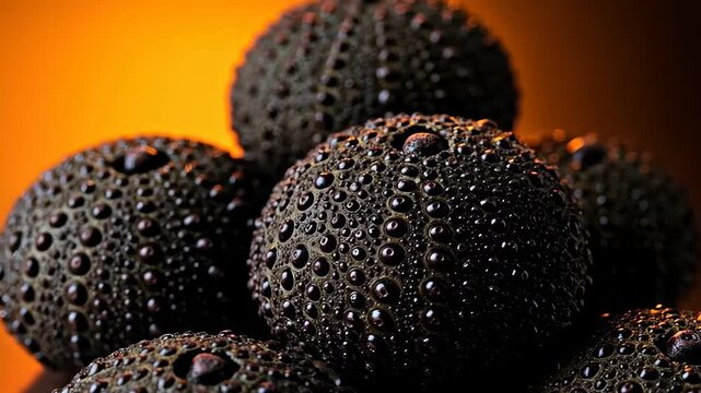 Black Sea Urchins: An alluring view of sea urchins, clustered together, showcasing their dark, textured exterior against a warm, inviting backdrop. An ode to the beauty hidden in the deep