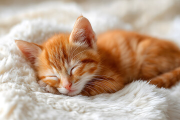 Fototapeta premium Cute orange kitten sleeps peacefully on soft blanket in a cozy indoor space during daytime