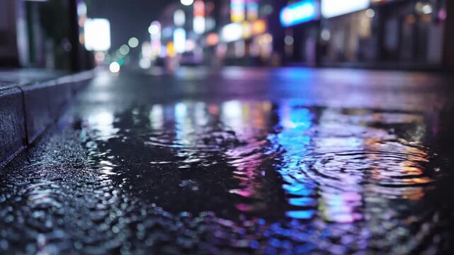 Neon reflections in rain puddle. Close-up of a rain puddle on pavement reflecting colorful neon lights at night, with gentle ripples distorting the glow.