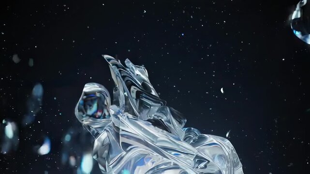 Abstract 3D composition with crystalline, iridescent forms floating against a dark background