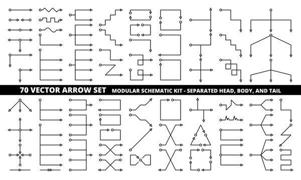 70 vector arrow set in modular outline style with separated head and tail for technical drawing and schematic diagram