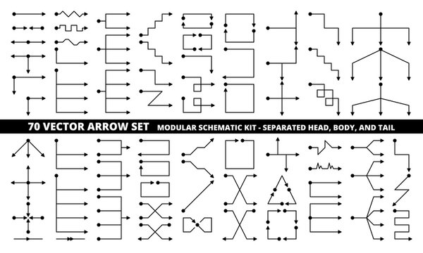 70 vector arrow set in modular solid glyph style with separated head and tail for flow process chart and algorithm design
