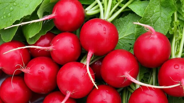 Vibrant Radish Harvest: A close-up shot of a bountiful harvest of fresh radishes, showcasing their vibrant red hues and crisp green leaves. Perfect for food-related projects.