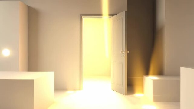 An open door illuminates a minimalist room with blocky shapes, glowing light, and a hopeful ambiance