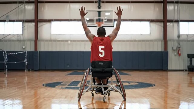 Powerful male athlete in red jersey (5), sports wheelchair, dribbling, scoring, celebrating on polished court with warm light, reflections, bokeh. Concept of adaptive sports