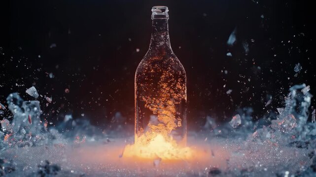 A bottle shatters into fragments amidst a fiery burst, against a dark void