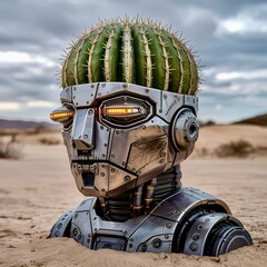 Robot head with cactus in desert landscape during cloudy day