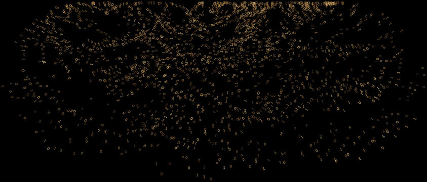 Burnished bronze digits swirl across a deep obsidian void in a sweeping panoramic arc. This digital tapestry captures a rhythmic swarm of information, where binary sequences shimmer like metallic embe