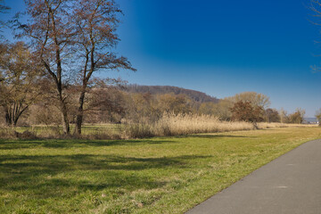 Obraz premium Idyllischer Unstrutradweg mit Blick auf die Landschaft und Wohnhäuser bei strahlend blauem Himmel, zwischen Freyburg und Laucha, Burgenlandkreis, Sachsen-Anhalt, Deutschland