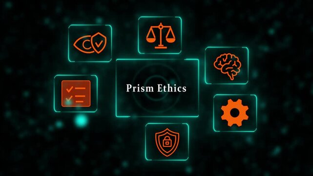 Futuristic HUD Interface Displaying Prism Ethics Concepts With Icons Representing Neuroscience Privacy Security Justice Compliance Technology And Neural Data Governance
