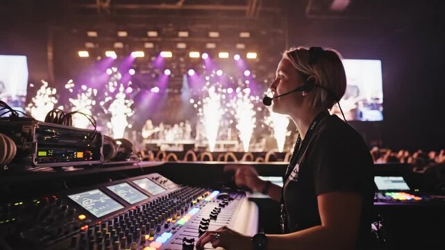 Female sound engineer operating a digital audio mixing console at a live concert. Professional technician adjusting faders with stage lights and pyrotechnics in the background. Event production 