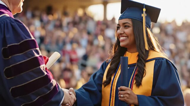 Smiling female graduate shaking hands and receiving diploma at outdoor ceremony. Young woman in cap and gown celebrating academic success. University commencement