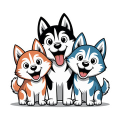 Obraz premium Three happy husky dogs standing together in a cartoon illustration with white background
