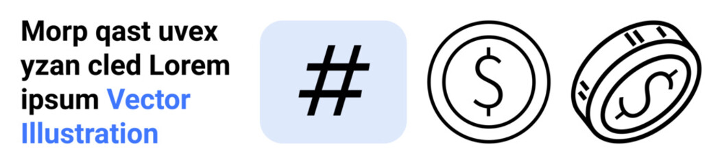 Obraz premium metadata tag icon next to circular dollar coin illustrations. Ideal for money, finance, social media, savings, investment, branding, simple landing page
