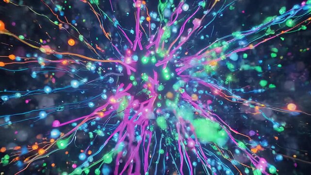 A glowing, abstract explosion of colorful lines and orbs against a dark background