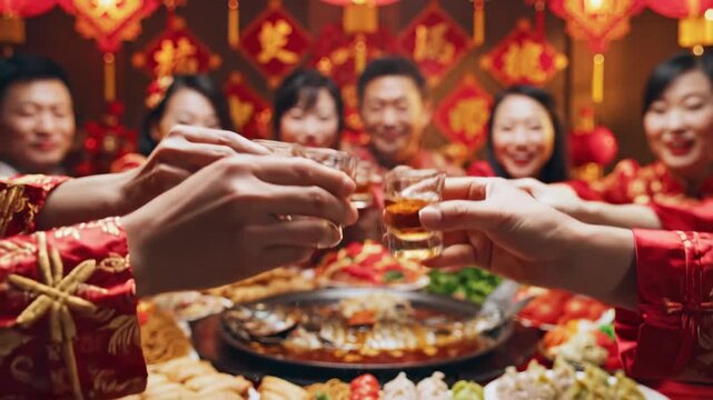 Chinese New Year celebration with family and friends. People in traditional red clothing toasting at a reunion dinner table. Lunar New Year feast with dumplings and fish